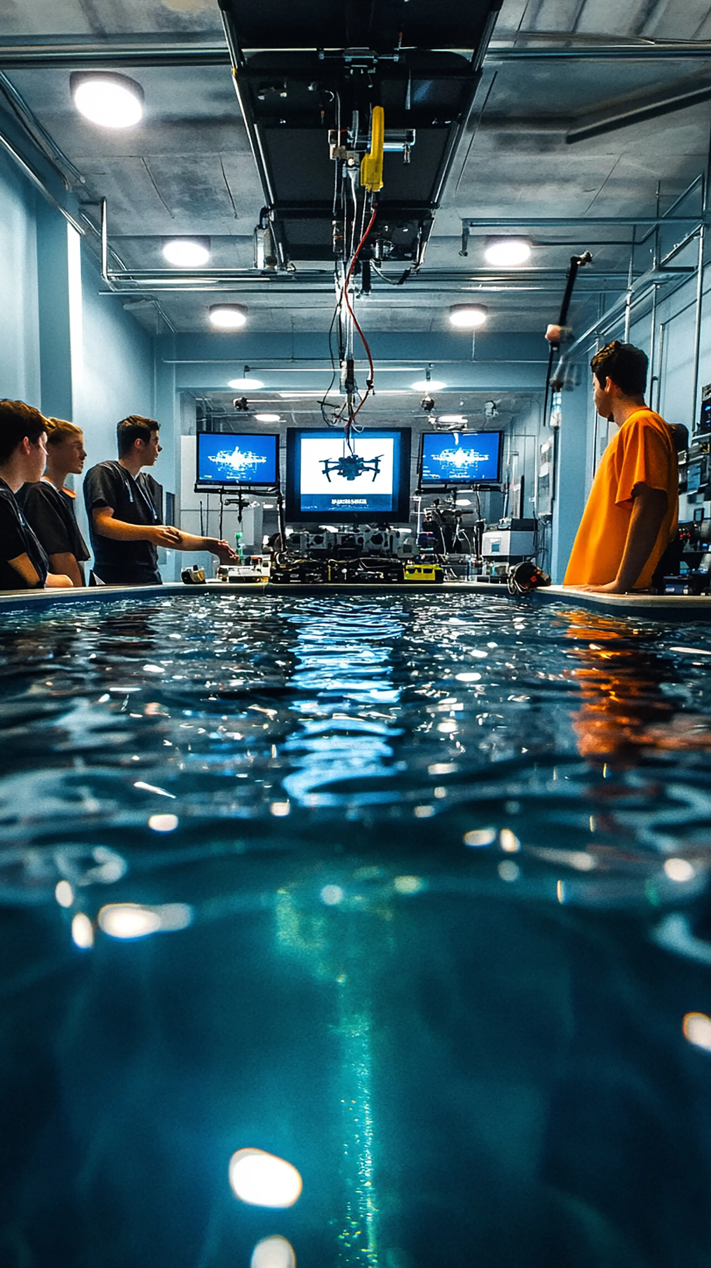 Studierende arbeiten in einem fortschrittlichen Labor für Unterwasserrobotik.