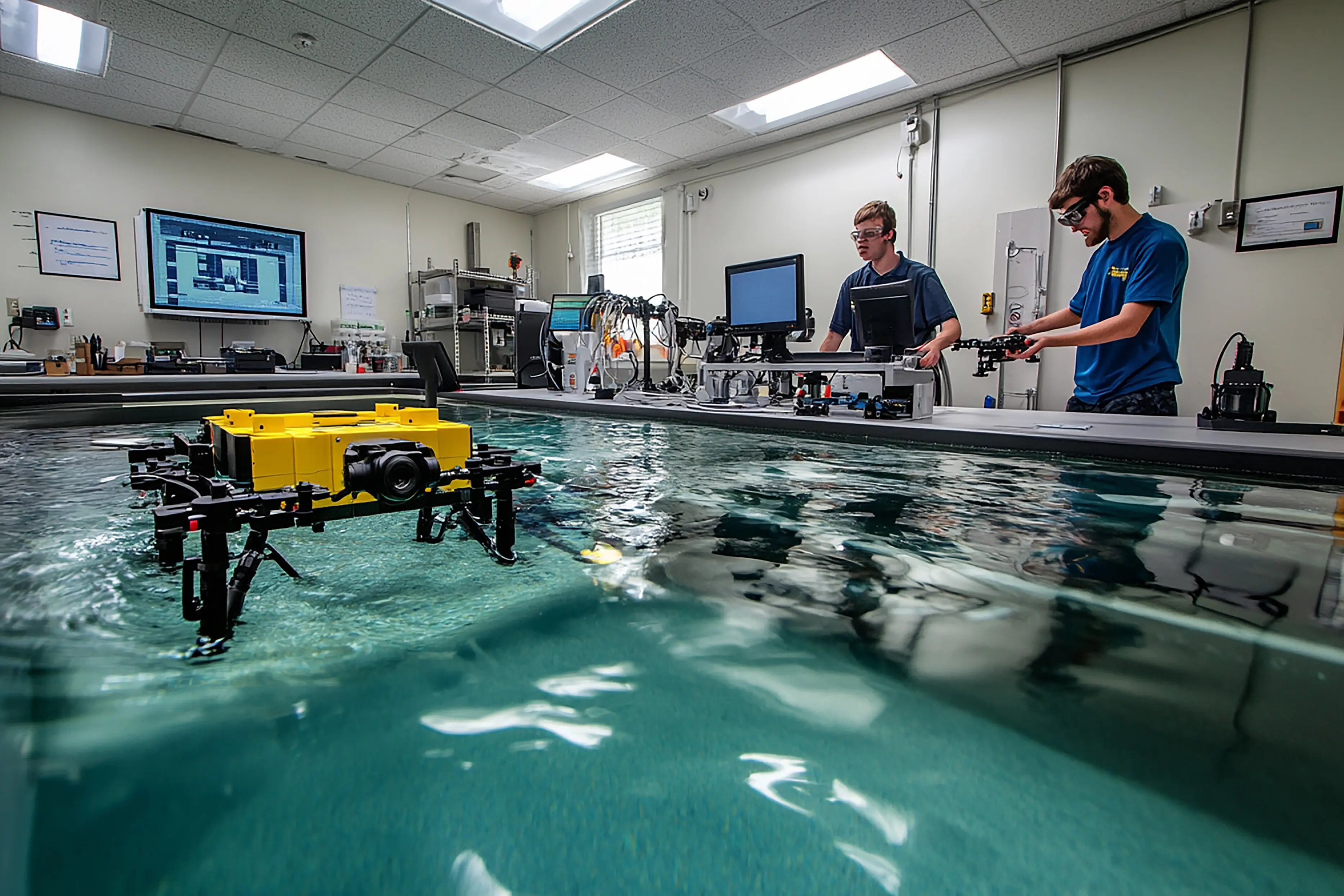 Studierende arbeiten in einem fortgeschrittenen Unterwasserrobotik-Labor.